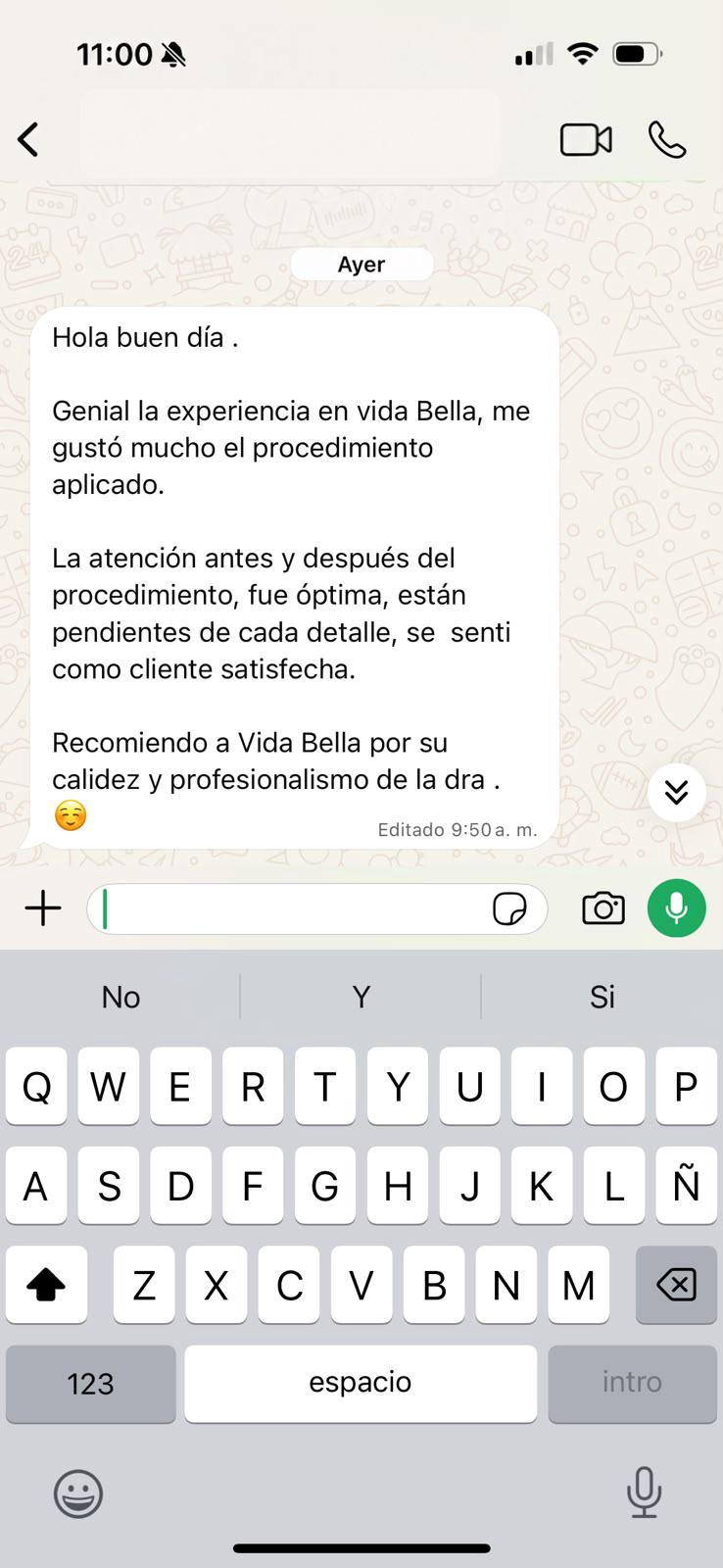Testimonio de paciente sobre la atención y el profesionalismo de Vida Bella